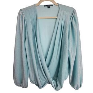 Boston Proper Womens Glitter Surplice Top Size M Sparkle Puff Sleeve Career Corp